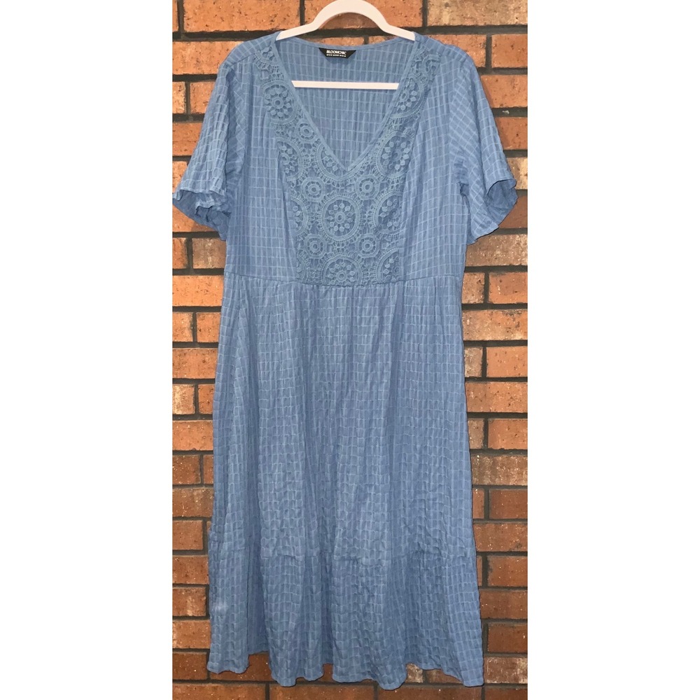 BloomChic Blue Crochet Lace V-Neck Tiered Midi Dress Plus Size 14-16